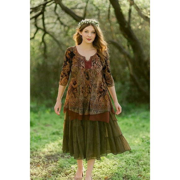 Tops - Whimsigoth Boho Renaissance Fairy Velvet 1X Tunic Top 3/4 Sleeve Chiffon Hem
